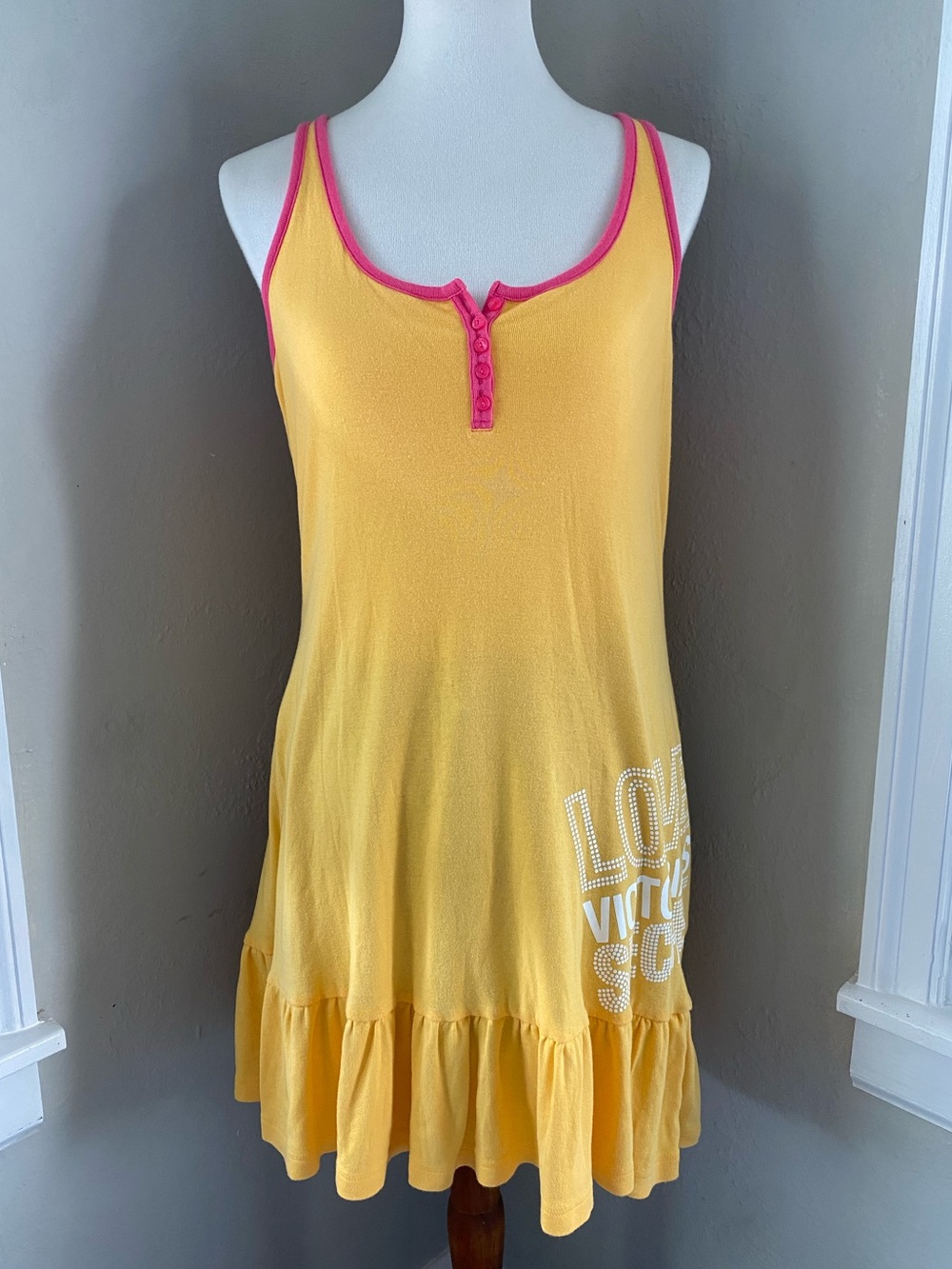 Vtg Y2K VS Yellow Pink Trim Ruffle Playful Tank Dress Summer Flirty College Sz L